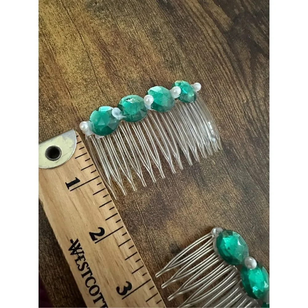 Vintage 1980s Rhinestone and Faux Pearl Clear and Green Side Hair Combs Retro